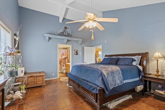 7406 Nez Perce Trce, Manor, TX 78653 - tiled bedroom featuring beamed ceiling, a high ceiling, connected bathroom, baseboards, and ceiling fan