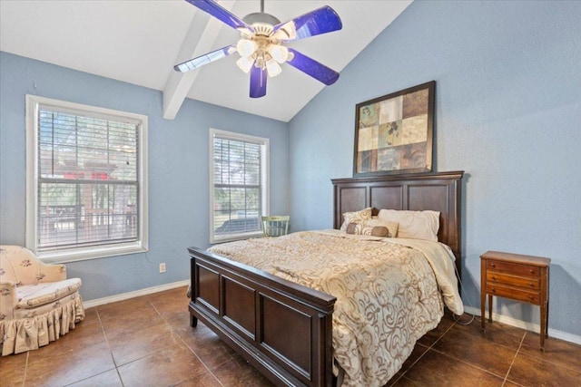 7406 Nez Perce Trce, Manor, TX 78653 - bedroom with vaulted ceiling, baseboards, dark tile patterned flooring, and ceiling fan