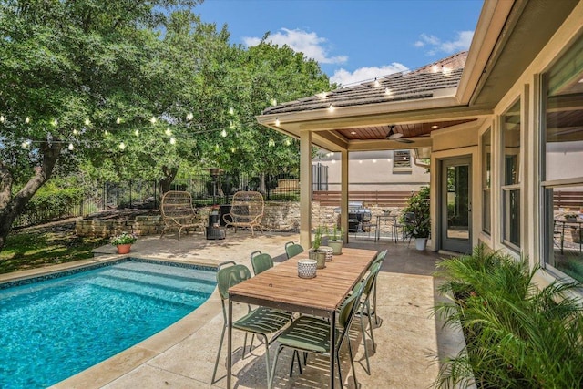 11316 Woodland Hills Trl, Austin, TX 78732 - view of pool featuring a patio, a ceiling fan, a fenced backyard, and outdoor dining area