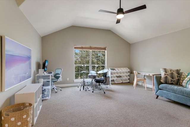 11316 Woodland Hills Trl, Austin, TX 78732 - carpeted office featuring ceiling fan, vaulted ceiling, and baseboards