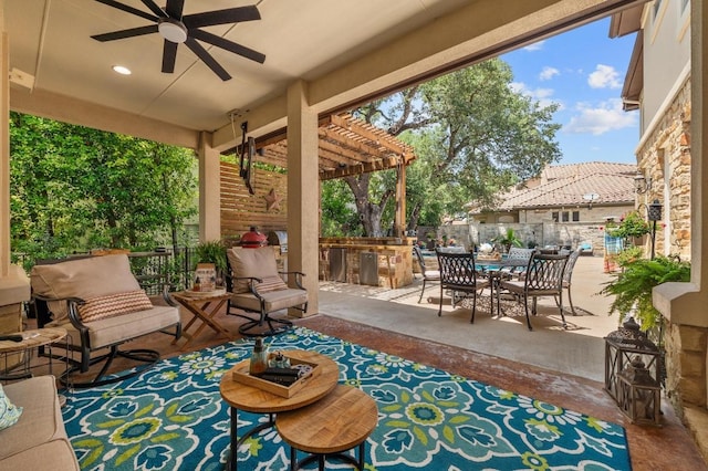 7 Sunview Rd, The Hills, TX 78738 - view of patio / terrace featuring an outdoor kitchen, a pergola, ceiling fan, and outdoor dining space