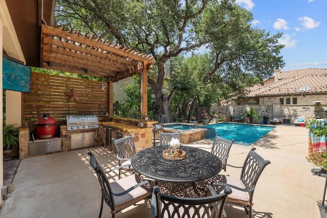 7 Sunview Rd, The Hills, TX 78738 - fenced backyard with a pergola, a patio, a pool with connected hot tub, and outdoor dining space