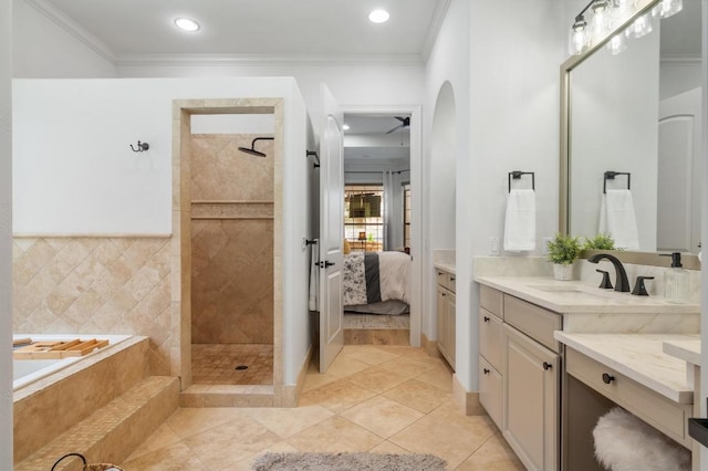 7 Sunview Rd, The Hills, TX 78738 - ensuite bathroom featuring walk in shower, a garden tub, ornamental molding, vanity, and ceiling fan