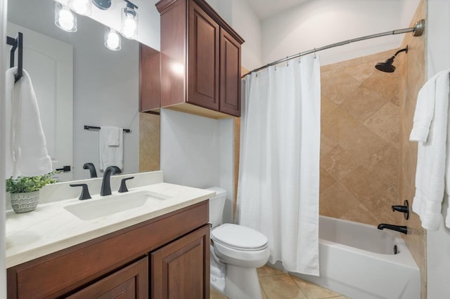 7 Sunview Rd, The Hills, TX 78738 - bathroom featuring toilet, vanity, shower / bathtub combination with curtain, and tile patterned flooring
