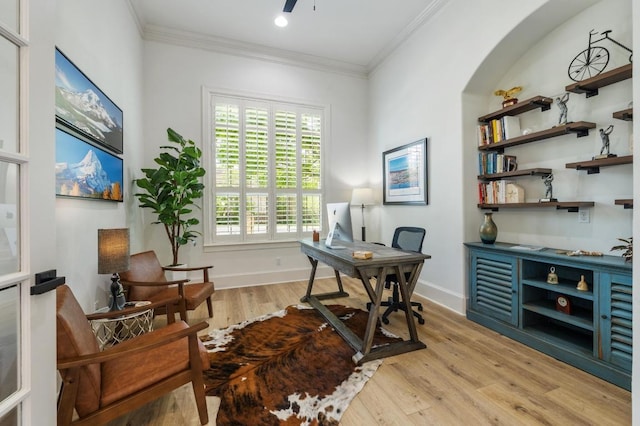 7 Sunview Rd, The Hills, TX 78738 - office space with light wood finished floors, ornamental molding, baseboards, and arched walkways