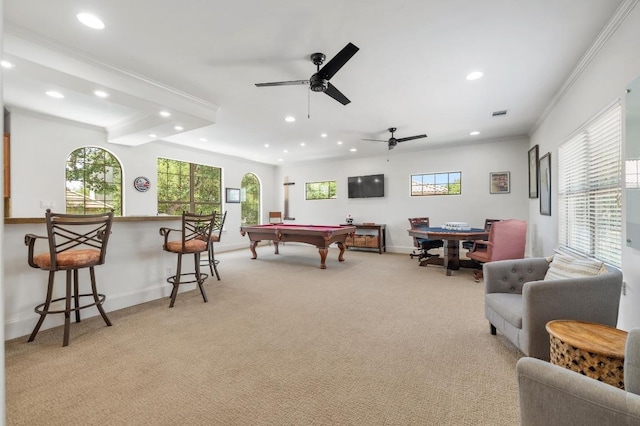 7 Sunview Rd, The Hills, TX 78738 - recreation room featuring recessed lighting, billiards table, a bar, light colored carpet, and plenty of natural light