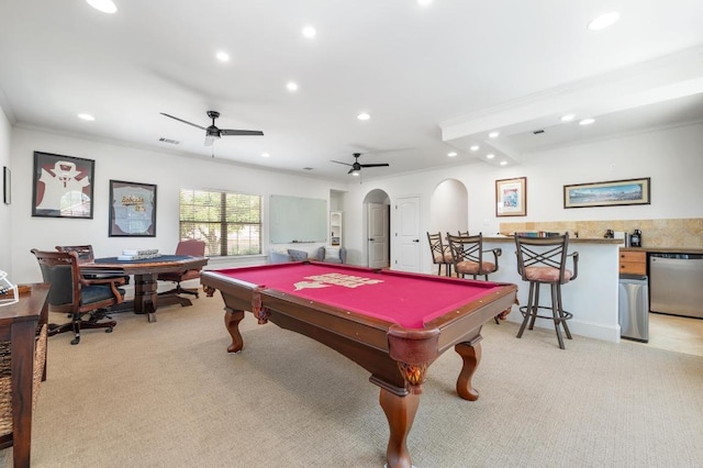 7 Sunview Rd, The Hills, TX 78738 - playroom with recessed lighting, light carpet, arched walkways, a bar, and billiards