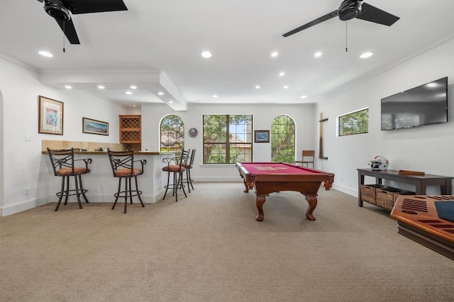 7 Sunview Rd, The Hills, TX 78738 - game room with a ceiling fan, pool table, a dry bar, ornamental molding, and recessed lighting
