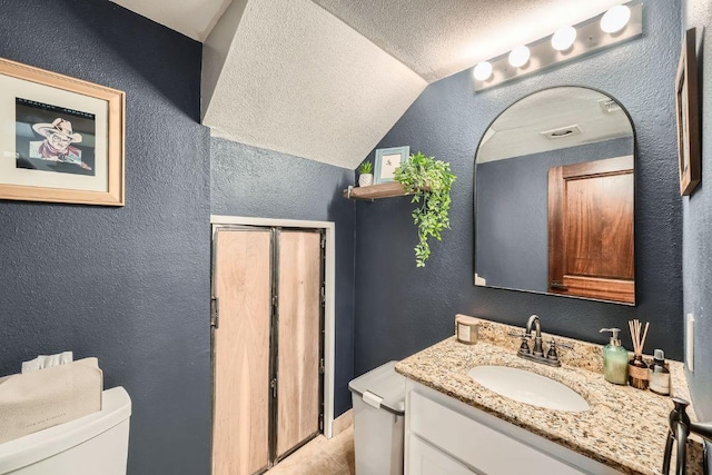 606 W Lynn St Unit 16, Austin, TX 78703 - bathroom with toilet, a textured wall, vaulted ceiling, vanity, and a textured ceiling