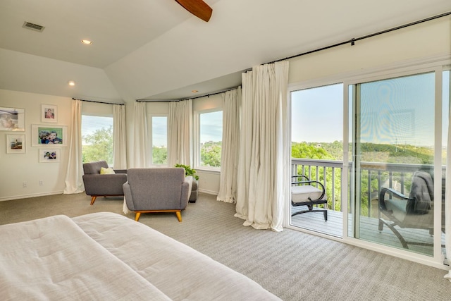 5801 Fox Chapel Dr, Austin, TX 78746 - carpeted bedroom with access to exterior, baseboards, multiple windows, lofted ceiling, and recessed lighting