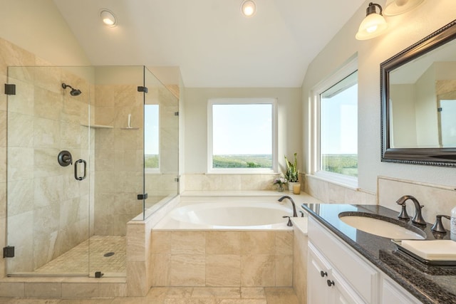5801 Fox Chapel Dr, Austin, TX 78746 - full bathroom with lofted ceiling, a bath, a shower stall, vanity, and recessed lighting