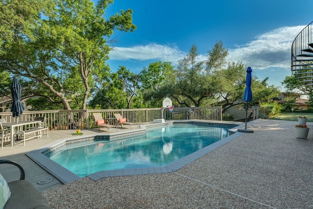 5801 Fox Chapel Dr, Austin, TX 78746 - view of pool featuring a wooden deck and stairway