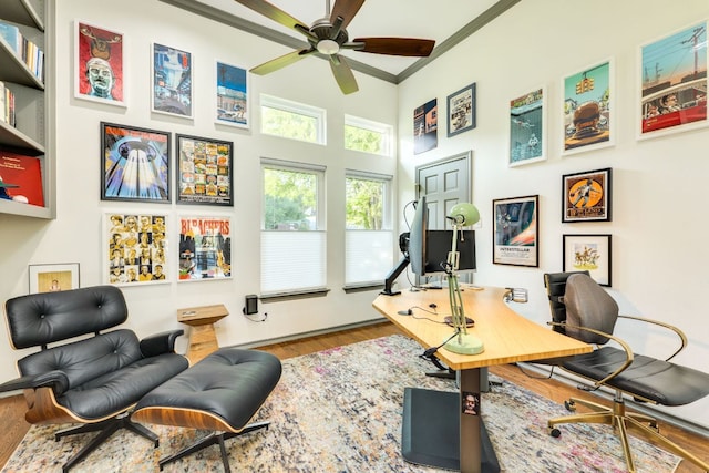 5801 Fox Chapel Dr, Austin, TX 78746 - office space featuring wood finished floors, ornamental molding, ceiling fan, and a high ceiling