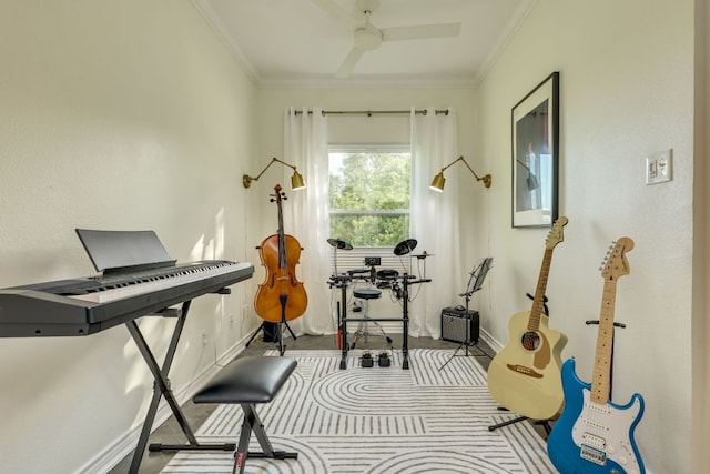 5801 Fox Chapel Dr, Austin, TX 78746 - miscellaneous room with ornamental molding, baseboards, carpet floors, and a ceiling fan