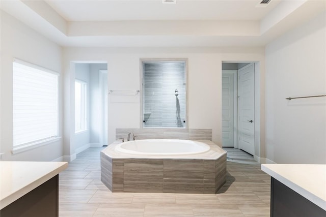 817 Craven Hill Ln, Leander, TX 78641 - full bathroom with vanity, a bath, and a raised ceiling