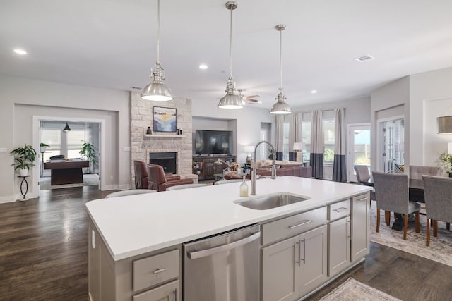 132 Lockhart Dr, Liberty Hill, TX 78642 - kitchen with dishwasher, a sink, open floor plan, a fireplace, and recessed lighting
