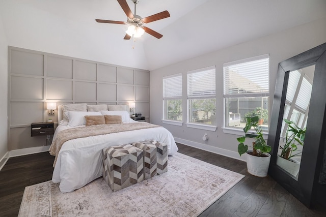 132 Lockhart Dr, Liberty Hill, TX 78642 - bedroom featuring baseboards, dark wood-type flooring, high vaulted ceiling, and a ceiling fan