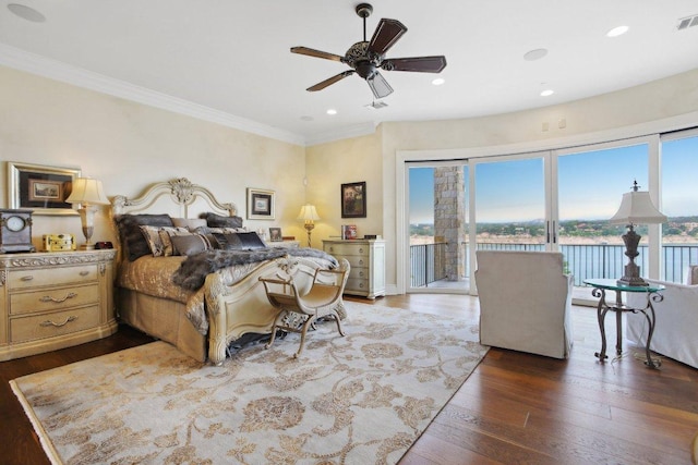 1353 Osprey Ridge Loop, Lago Vista, TX 78645 - bedroom featuring access to outside, crown molding, dark wood-style floors, recessed lighting, and ceiling fan