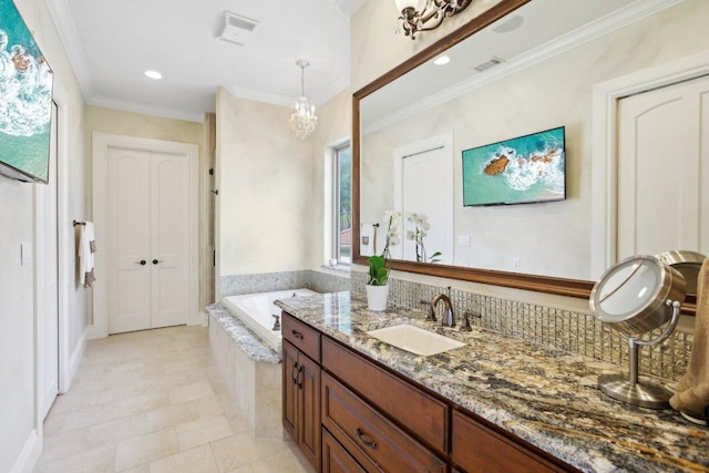 1353 Osprey Ridge Loop, Lago Vista, TX 78645 - bathroom with vanity, a garden tub, crown molding, a chandelier, and recessed lighting
