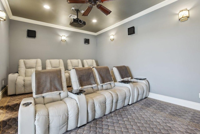1353 Osprey Ridge Loop, Lago Vista, TX 78645 - carpeted home theater room with a ceiling fan, crown molding, baseboards, and recessed lighting