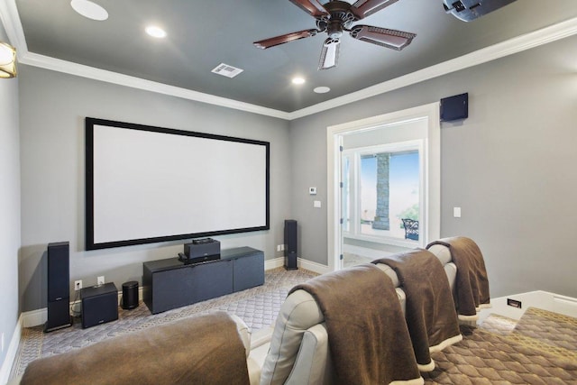 1353 Osprey Ridge Loop, Lago Vista, TX 78645 - carpeted home theater room with baseboards, a ceiling fan, crown molding, and recessed lighting