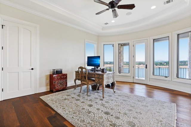 1353 Osprey Ridge Loop, Lago Vista, TX 78645 - office space with crown molding, healthy amount of natural light, dark wood-style floors, ceiling fan, and a tray ceiling