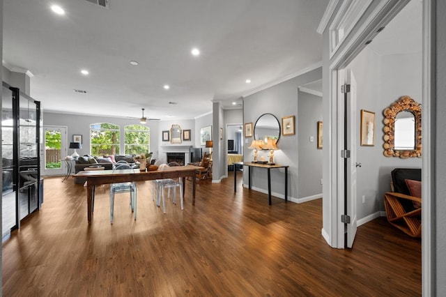 4600 Tello Path, Austin, TX 78749 - kitchen featuring recessed lighting, ornamental molding, a fireplace, dark wood finished floors, and baseboards