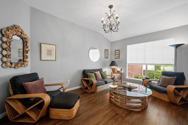 4600 Tello Path, Austin, TX 78749 - living area with lofted ceiling, a chandelier, wood finished floors, and baseboards