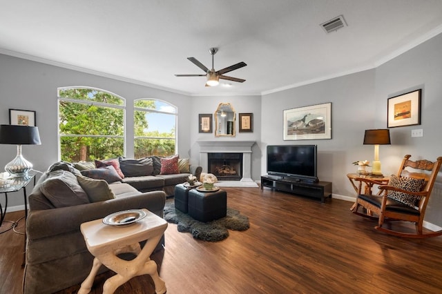 4600 Tello Path, Austin, TX 78749 - living room featuring a ceiling fan, ornamental molding, wood finished floors, and a fireplace with raised hearth