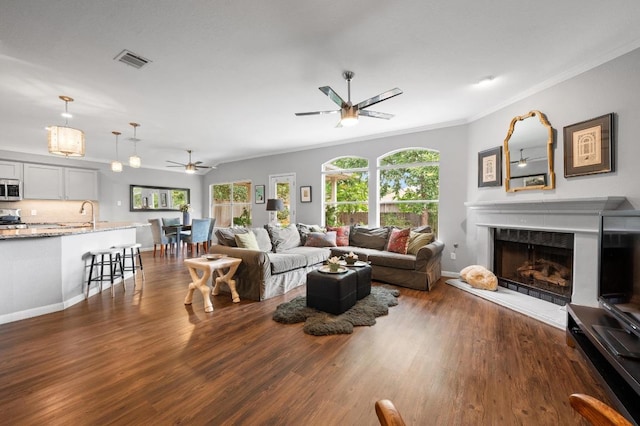 4600 Tello Path, Austin, TX 78749 - living room with a ceiling fan, dark wood-style floors, crown molding, and a fireplace