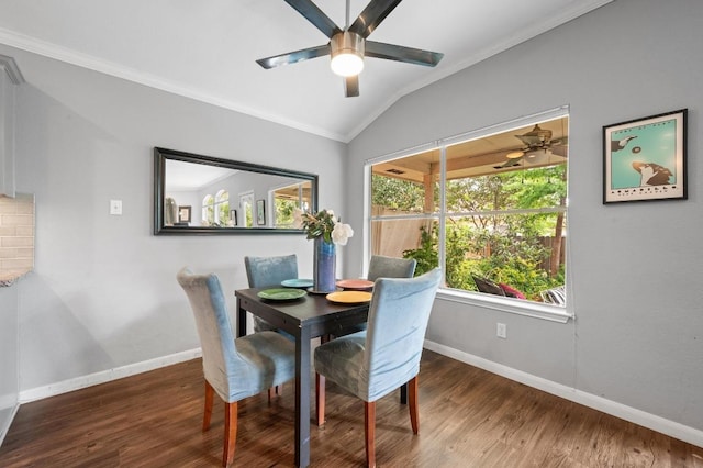 4600 Tello Path, Austin, TX 78749 - dining room with ornamental molding, lofted ceiling, ceiling fan, baseboards, and wood finished floors