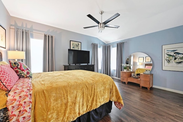 4600 Tello Path, Austin, TX 78749 - bedroom with dark wood finished floors, lofted ceiling, baseboards, arched walkways, and a ceiling fan