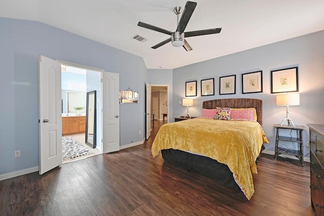 4600 Tello Path, Austin, TX 78749 - bedroom featuring baseboards, wood finished floors, vaulted ceiling, ensuite bathroom, and ceiling fan