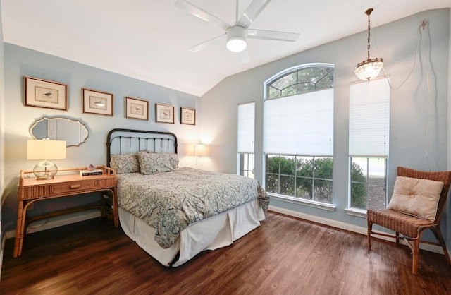 4600 Tello Path, Austin, TX 78749 - bedroom with dark wood-style floors, vaulted ceiling, baseboards, and ceiling fan