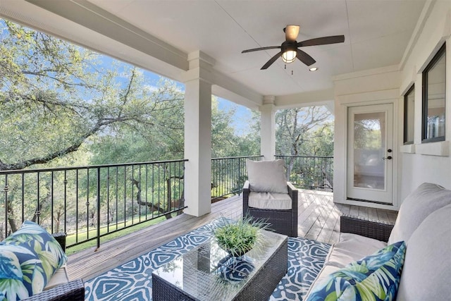 13601 Montview Dr, Austin, TX 78732 - deck featuring a ceiling fan and an outdoor living space