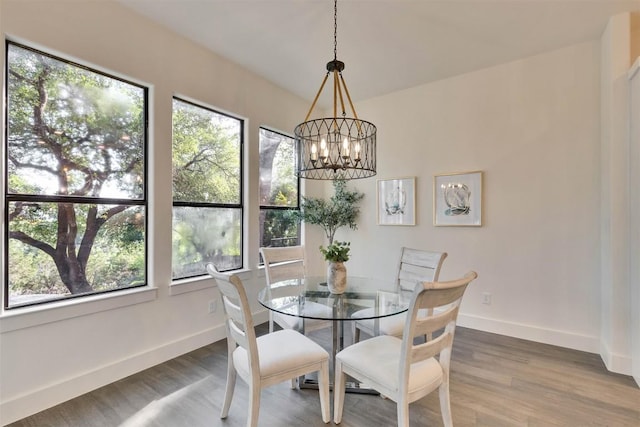 13601 Montview Dr, Austin, TX 78732 - dining area featuring a chandelier, baseboards, and wood finished floors