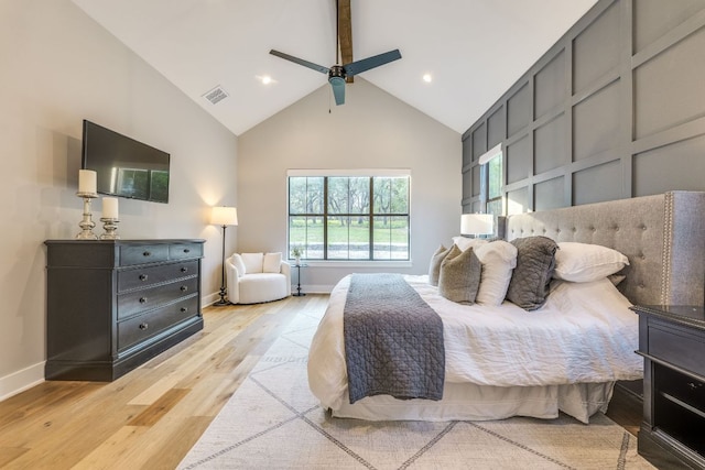 5904 Hudson Bend Rd, Austin, TX 78734 - bedroom featuring light wood-style flooring, high vaulted ceiling, baseboards, ceiling fan, and recessed lighting