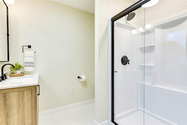 5904 Hudson Bend Rd, Austin, TX 78734 - bathroom with a stall shower, vanity, and baseboards