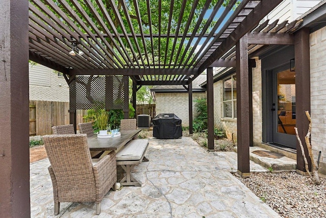 9123 La Siesta Bnd, Austin, TX 78749 - fenced backyard with a pergola, outdoor dining area, a patio, central air condition unit, and grilling area