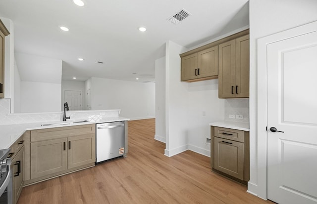 577 Tailwind Dr, Kyle, TX 78640 - kitchen featuring stainless steel appliances, a sink, tasteful backsplash, light wood finished floors, and a peninsula
