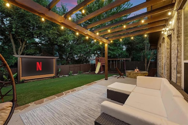 114 Mcbride Ln, Cedar Park, TX 78613 - wooden terrace with a playground and an outdoor living space with a fire pit