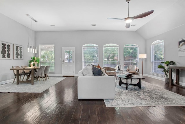 114 Mcbride Ln, Cedar Park, TX 78613 - living area featuring hardwood / wood-style floors, ceiling fan, baseboards, and vaulted ceiling