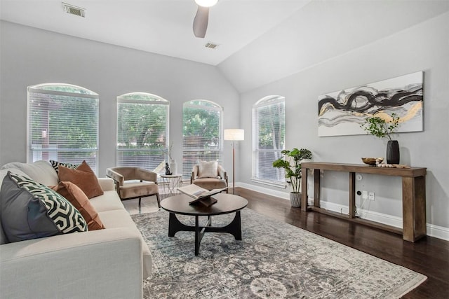114 Mcbride Ln, Cedar Park, TX 78613 - living room with wood finished floors, ceiling fan, vaulted ceiling, and baseboards