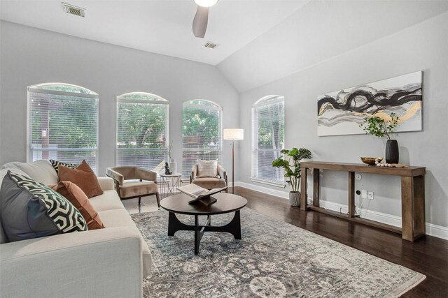 114 Mcbride Ln, Cedar Park, TX 78613 - living area featuring wood finished floors, a ceiling fan, and lofted ceiling
