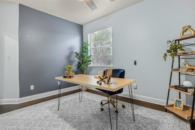 114 Mcbride Ln, Cedar Park, TX 78613 - office area featuring wood finished floors, baseboards, and ceiling fan