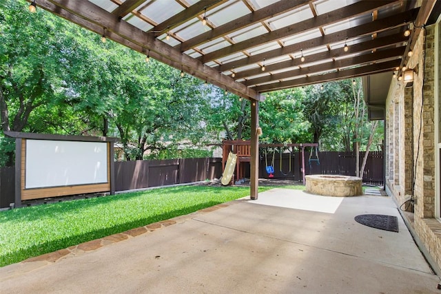114 Mcbride Ln, Cedar Park, TX 78613 - view of patio / terrace featuring a playground, an outdoor fire pit, and a pergola