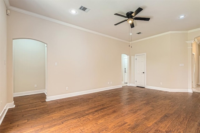 6411 Abilene Trl, Austin, TX 78749 - unfurnished room with arched walkways, a ceiling fan, ornamental molding, wood finished floors, and recessed lighting