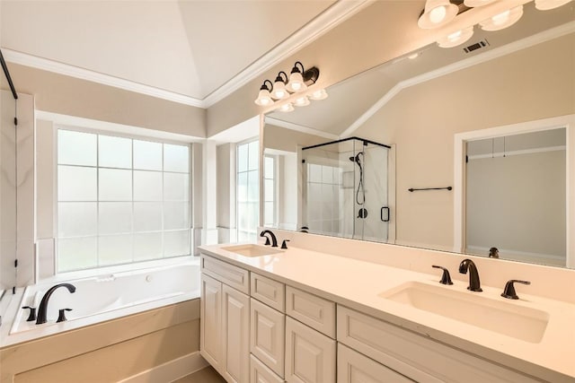 6411 Abilene Trl, Austin, TX 78749 - bathroom featuring lofted ceiling, a garden tub, double vanity, crown molding, and a stall shower