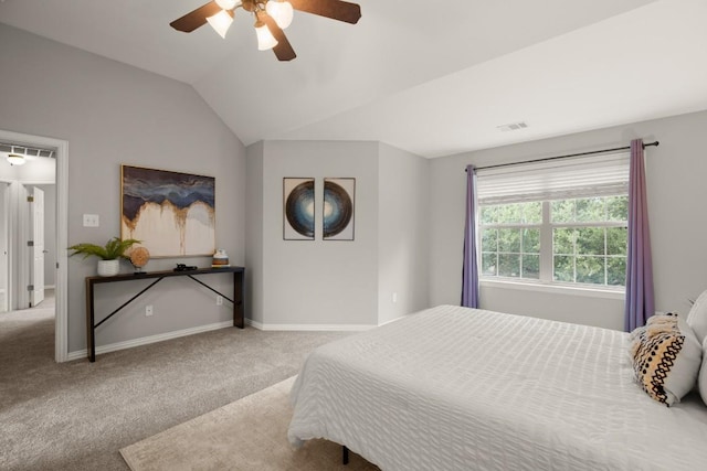3505 Winding Shore Ln, Pflugerville, TX 78660 - carpeted bedroom with baseboards, vaulted ceiling, and a ceiling fan