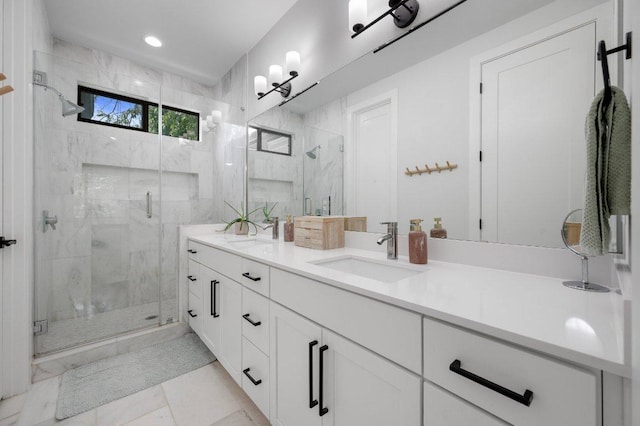 2935 Moss St Unit 1, Austin, TX 78722 - full bath featuring double vanity, a marble finish shower, and recessed lighting